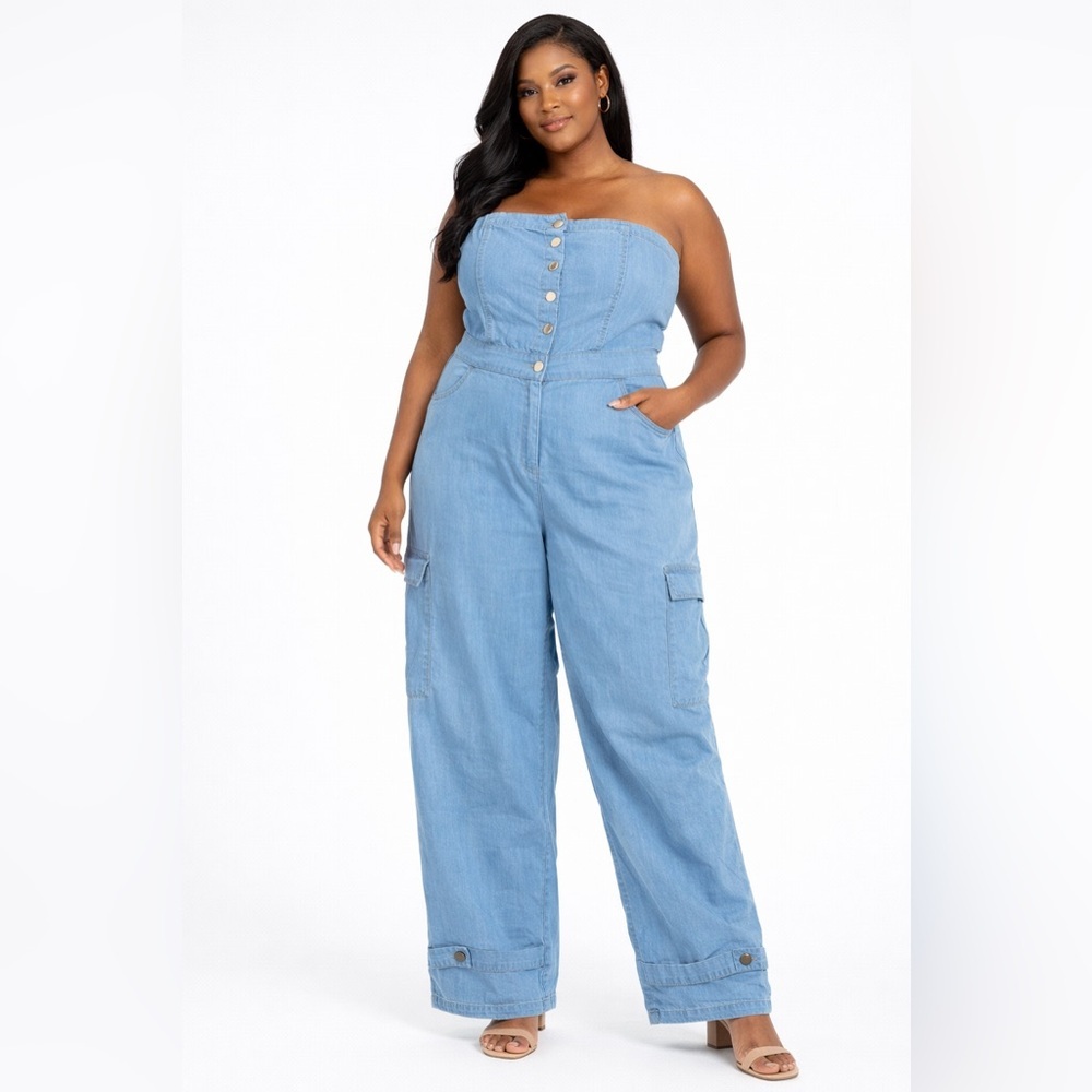 Indulge InStyle Strapless Denim Utility Jumpsuit L Wide Leg Streetwear Chic‎